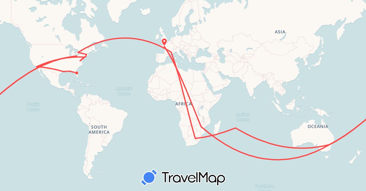 TravelMap itinerary: hiking in Australia, Canada, France, Mauritius, United States, South Africa, Zimbabwe (Africa, Europe, North America, Oceania)